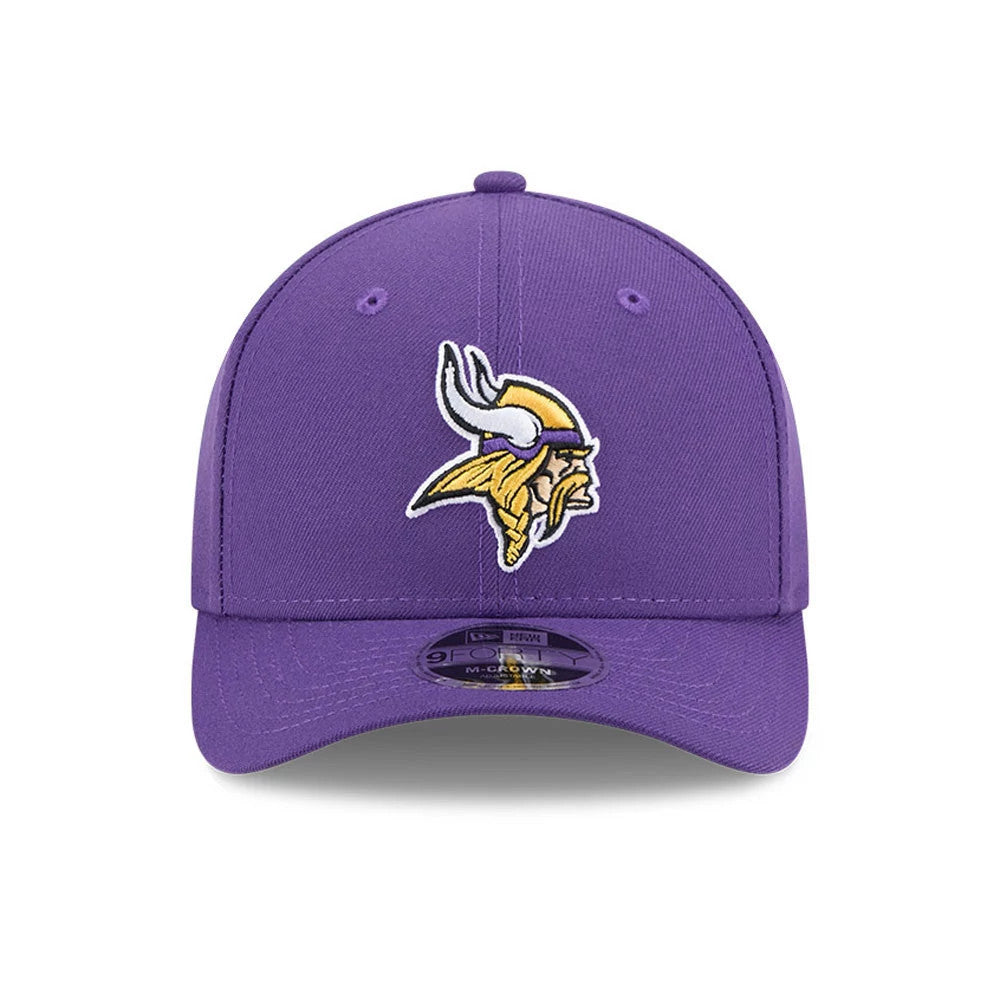 Minnesota Vikings NFL Team Purple New Era 9FORTY M-Crown Cap, front view showing the raised embroidered Vikings logo on the front panel, curved visor with a 9FORTY size sticker, and matching purple eyelets and top button.