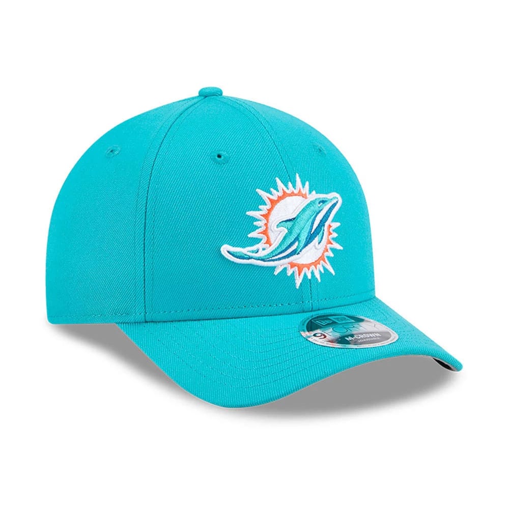 Miami Dolphins NFL Team Turquoise New Era 9FORTY M-Crown Cap, front view with orange and white embroidered Dolphin logo on the front panel, curved visor featuring a 9FORTY size sticker.