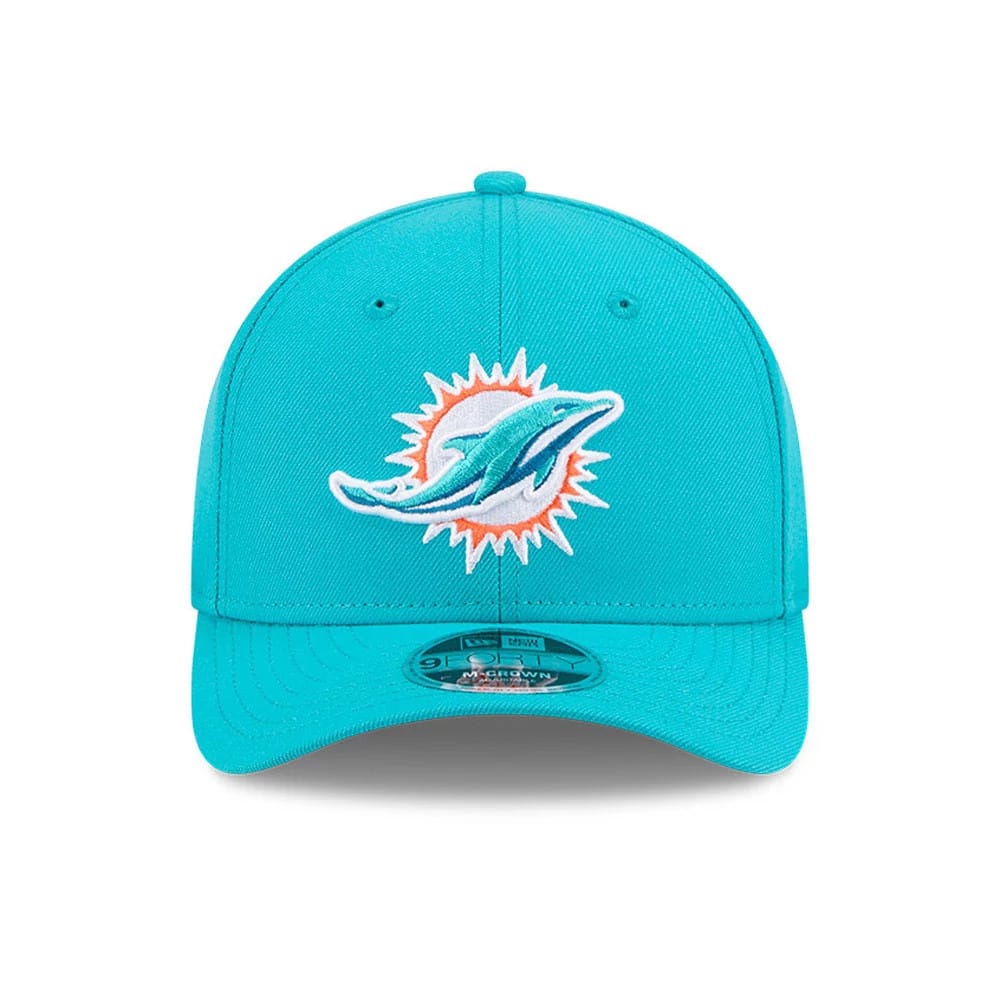Miami Dolphins NFL Team Turquoise New Era 9FORTY M-Crown Cap, front view showing the raised embroidered Dolphins logo on the front panel, turquoise visor with a 9FORTY size sticker, and matching top button.