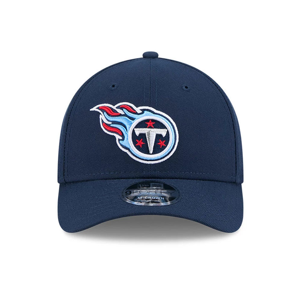 Tennessee Titans NFL Team Dark Blue New Era 9FORTY M-Crown Cap, front view showing the raised embroidered team logo on the front panel, with a curved visor and 9FORTY size sticker on top of the visor.