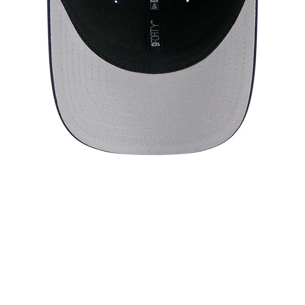 Tennessee Titans NFL Team Dark Blue New Era 9FORTY M-Crown Cap, inside view showing the black sweatband, grey undervisor, inner taping with white 9FORTY and New Era logos, and a structured design.