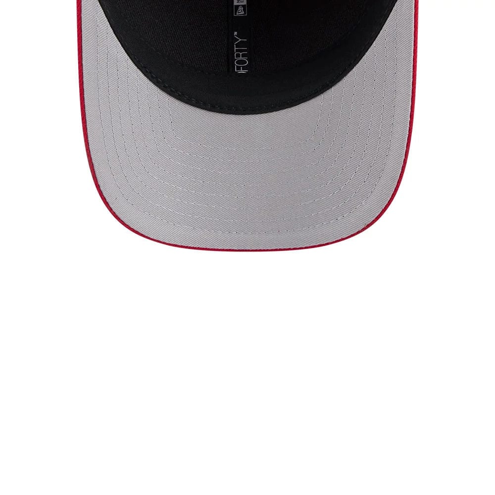 Tampa Bay Buccaneers NFL Team Red New Era 9FORTY M-Crown Cap, inside view showing black sweatband with 9FORTY stitching and grey undervisor, highlighting the red edge of the visor.