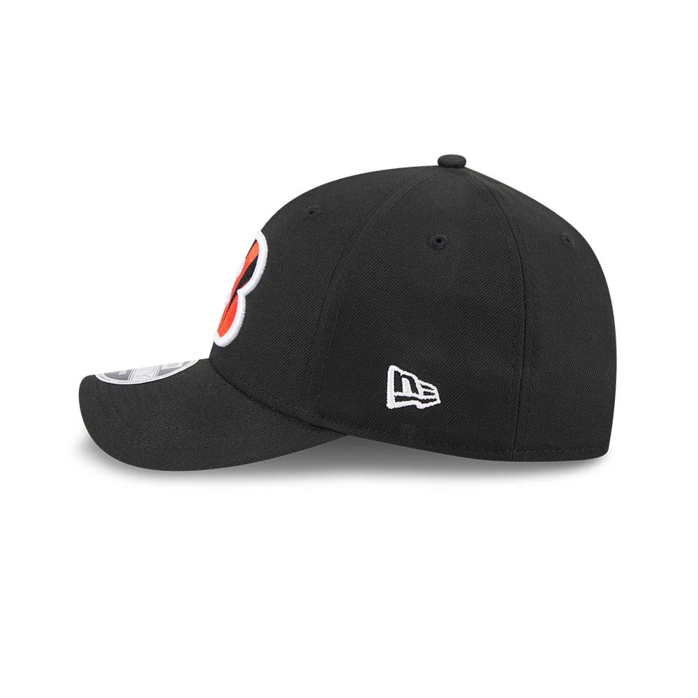 Cincinnati Bengals NFL Team Black New Era 9FORTY M-Crown Cap, side view showing the raised orange and white B logo on the front panel, curved visor with 9FORTY size sticker, and New Era flag logo on the left side.