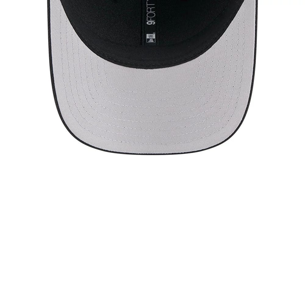Cincinnati Bengals NFL Team Black New Era 9FORTY M-Crown Cap, inside view showing the grey undervisor with a 9FORTY size sticker and black taping along the seams, highlighting the structured build of the cap.