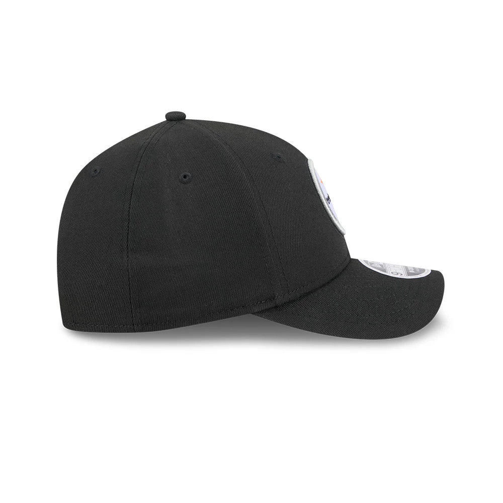 Pittsburgh Steelers NFL Team Black New Era 9FORTY M-Crown Cap, side view showing the embroidered team logo on the front panel and curved visor with a 9FORTY size sticker, structured black crown and top button.