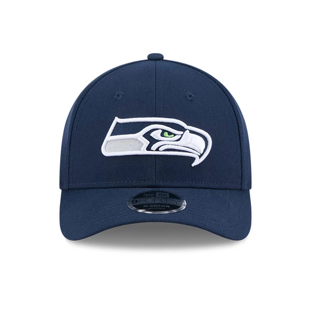 Seattle Seahawks NFL Team Dark Blue New Era 9FORTY M-Crown Cap, front view showing the white and green embroidered Seahawks logo on the front panel with a curved visor and a 9FORTY size sticker on top.