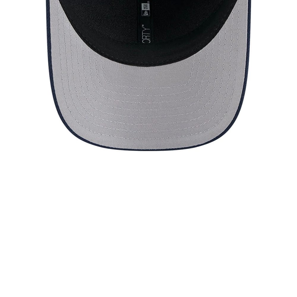 Seattle Seahawks NFL Team Dark Blue New Era 9FORTY M-Crown Cap, inside view showing the black sweatband and white taping with a 9FORTY label, plus stitching detail on the grey underside of the visor.