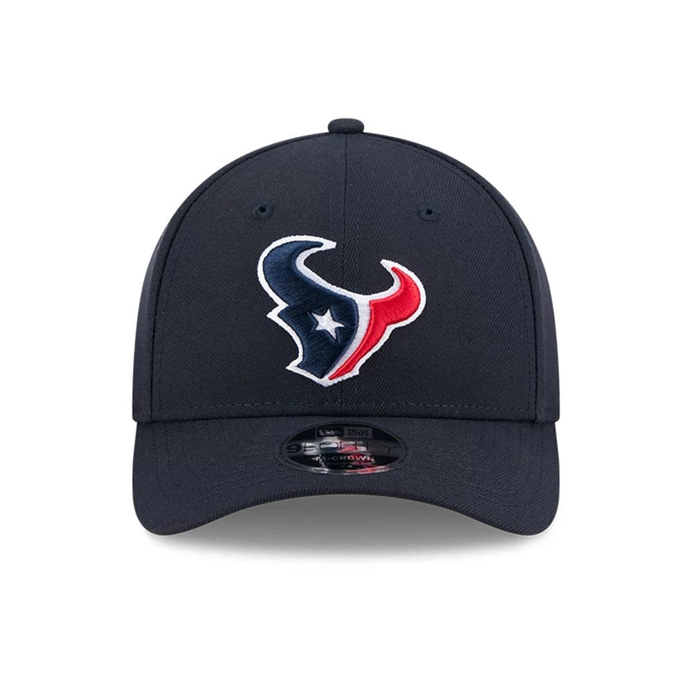 Houston Texans NFL Team Navy New Era 9FORTY M-Crown Cap, front view showing the raised embroidered red, white, and blue Texans logo on the structured navy front panel, with a 9FORTY size sticker on the curved visor.