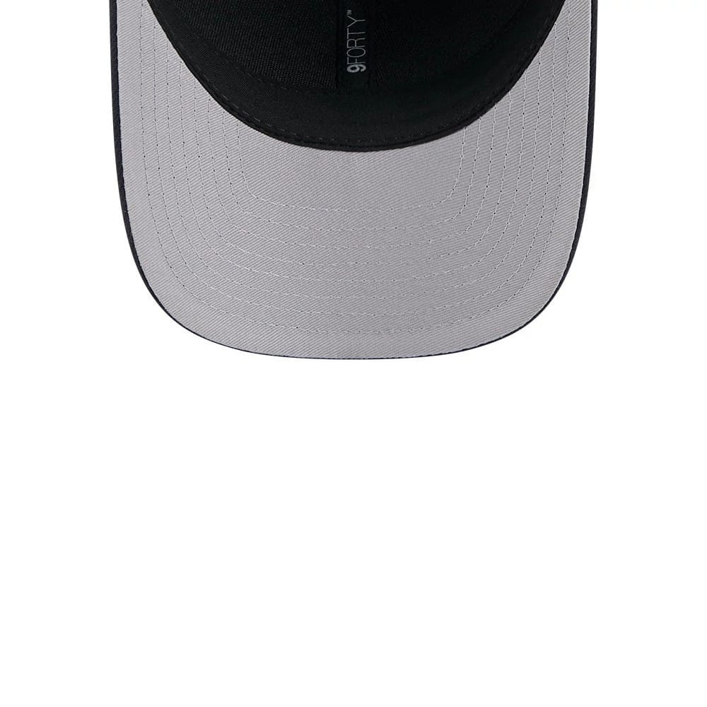 Houston Texans NFL Team Navy New Era 9FORTY M-Crown Cap, inside view showing the black sweatband and grey undervisor with a central 9FORTY size sticker on the underside of the visor.
