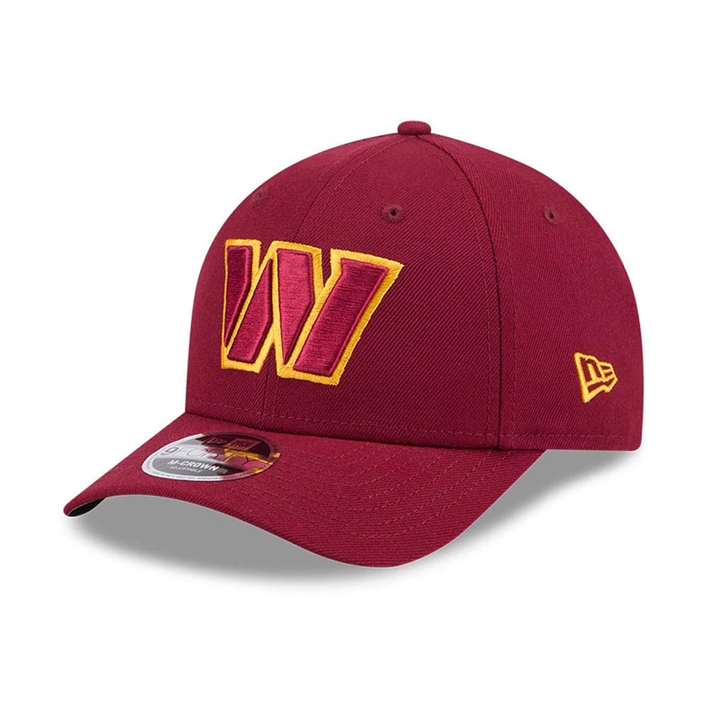 Washington Commanders NFL Team Dark Red New Era 9FORTY M-Crown Cap, three-quarter view showing the yellow outlined W logo embroidered on the front, the New Era flag logo on the left side, and the 9FORTY size sticker on the visor.