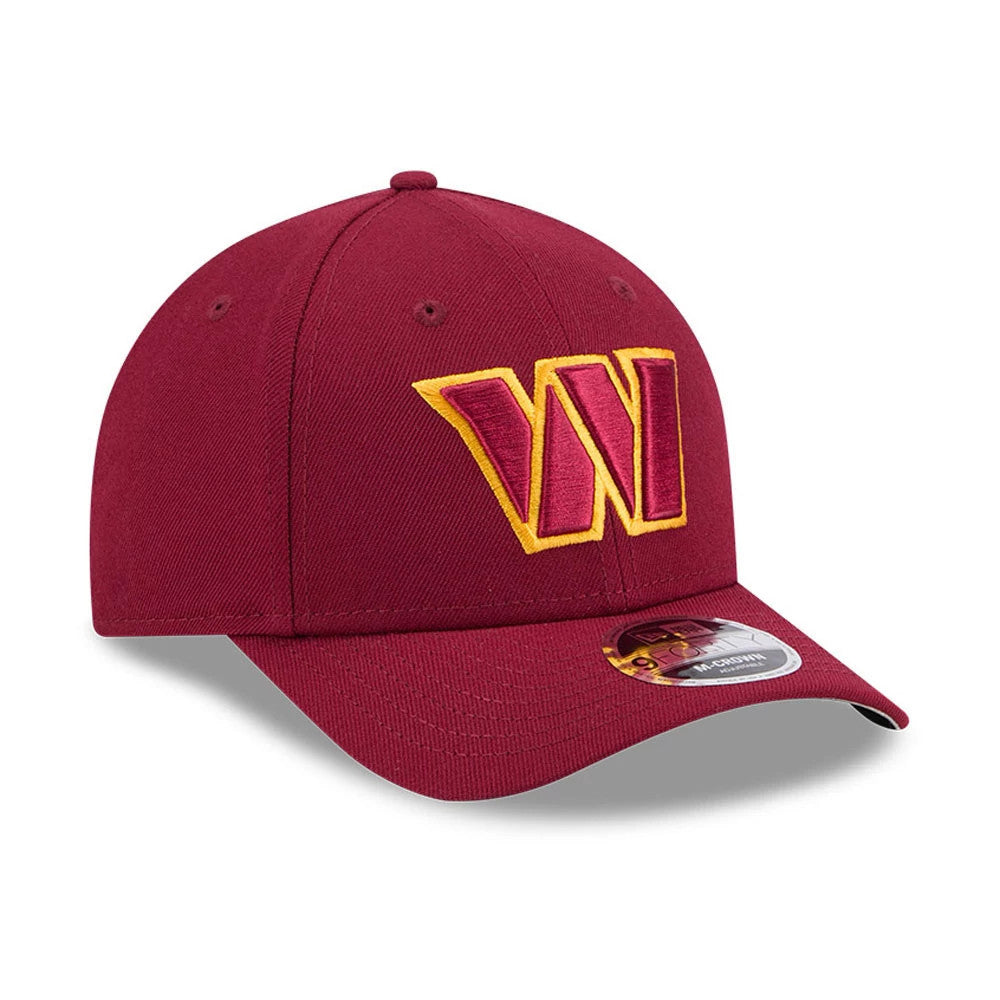 Washington Commanders NFL Team Dark Red New Era 9FORTY M-Crown Cap, front view showing a raised embroidered yellow-outlined W logo on the front panel, with a curved visor and 9FORTY size sticker.