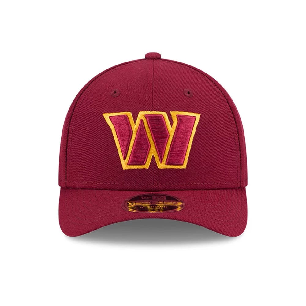 Washington Commanders NFL Team Dark Red New Era 9FORTY M-Crown Cap, front view with a raised W logo embroidered in yellow and red on the front panel, featuring a 9FORTY size sticker on the dark red visor.
