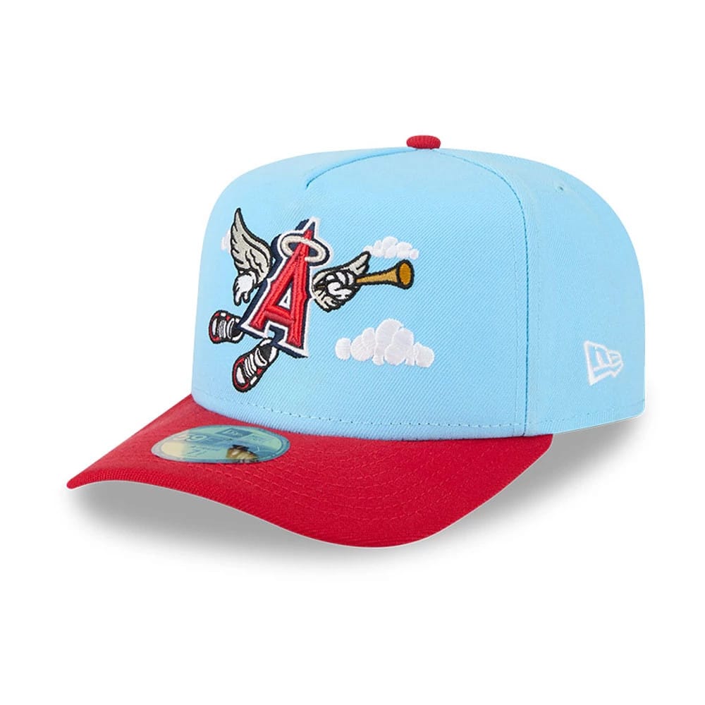 LA Angels MLB Cartoon Light Blue New Era 59FIFTY A-Frame Fitted Cap, three-quarter view showing the red embroidered A logo with wings and clouds on the front panel, red visor with 59FIFTY size sticker, and New Era flag logo on the left side.