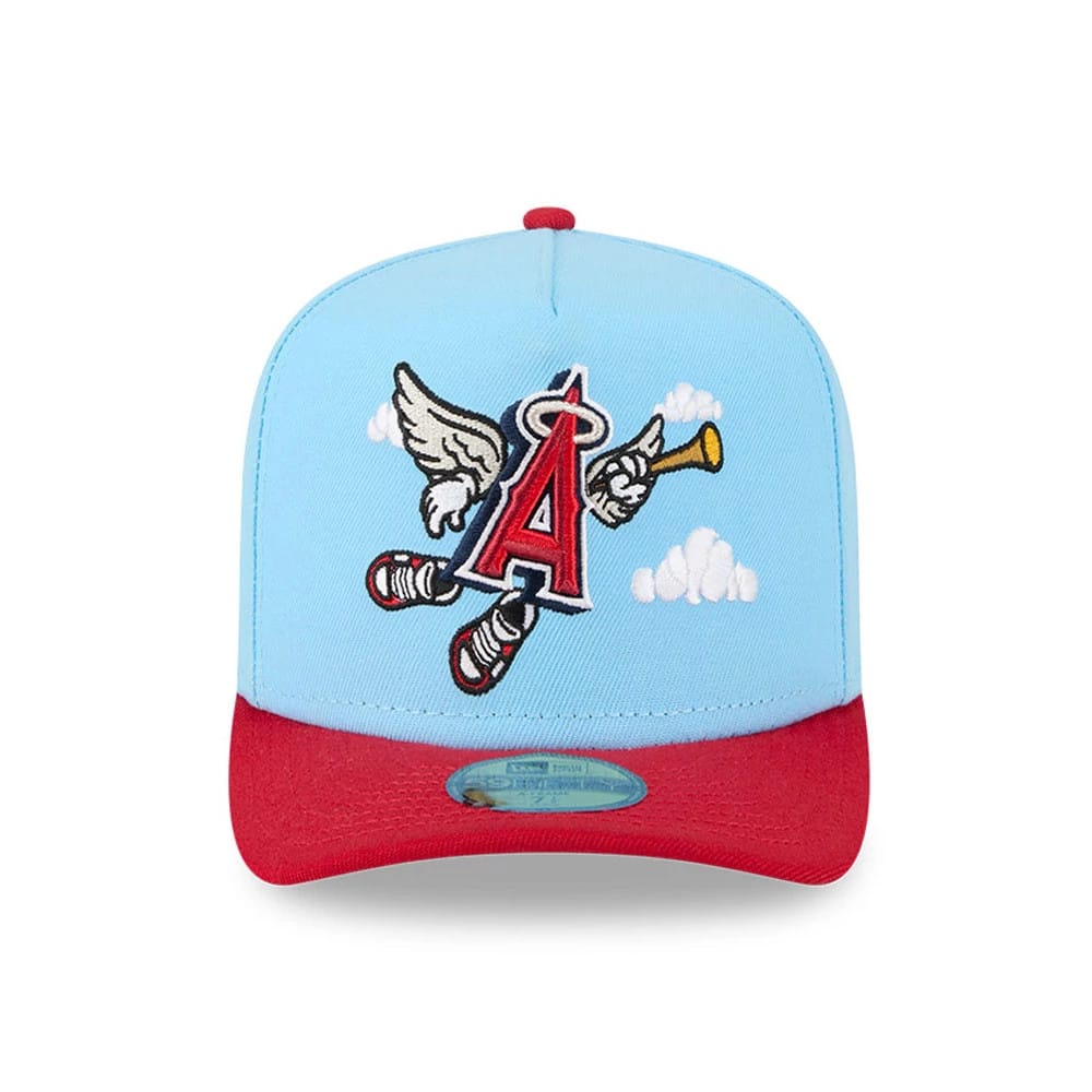 LA Angels MLB Cartoon Light Blue New Era 59FIFTY A-Frame Fitted Cap, front view showing a red and white embroidered A logo with wings and clouds on the light blue crown, and a red visor with a 59FIFTY size sticker.