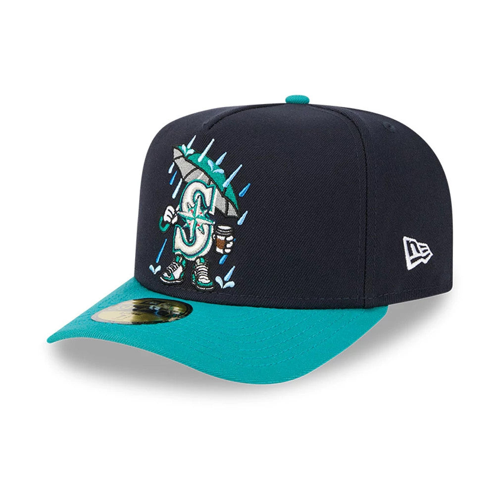 Seattle Mariners MLB Cartoon Navy New Era 59FIFTY A-Frame Fitted Cap, three-quarter view showing a cartoon umbrella character embroidered on the front panel, teal visor with a gold 59FIFTY size sticker, and New Era flag logo on the left side.