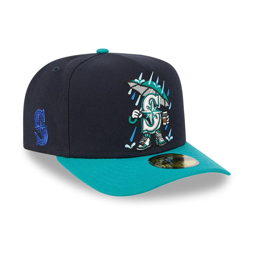 Pictured is this MLB Cartoon Seattle Mariners 59FIFTY A-Frame Fitted cap in navy. 1