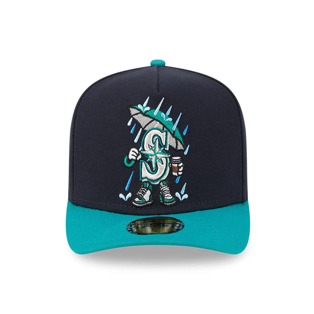 Seattle Mariners MLB Cartoon Navy New Era 59FIFTY A-Frame Fitted Cap, front view showing a cartoon Mariners logo under an umbrella with raindrop details, on a teal visor with a gold 59FIFTY size sticker.