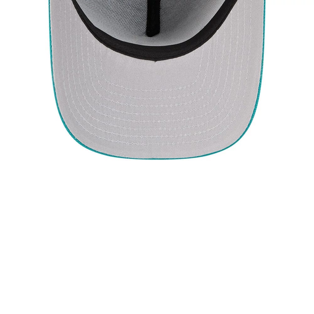 Seattle Mariners MLB Cartoon Navy New Era 59FIFTY A-Frame Fitted Cap, inside view showing the grey undervisor with teal edge, black inner taping running along the seams, and black sweatband at the base of the structured interior crown.
