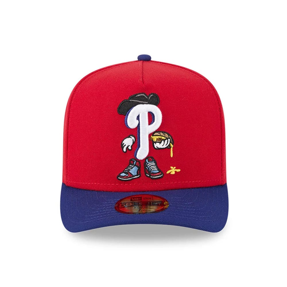 Pictured is this MLB Cartoon Philadelphia Phillies 59FIFTY A-Frame Fitted cap in red. 3