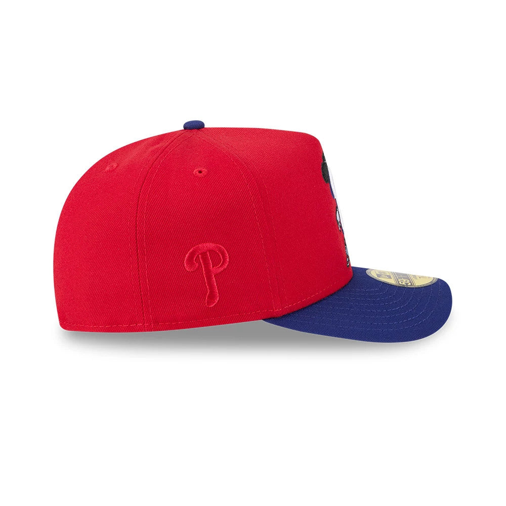 Philadelphia Phillies MLB Cartoon Red New Era 59FIFTY A-Frame Fitted Cap, side view showing a red embroidered P logo on the left side, blue visor with a gold 59FIFTY size sticker, and a structured red crown.