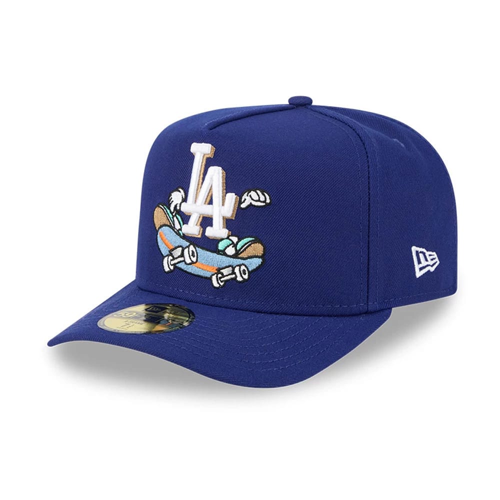 LA Dodgers MLB Cartoon Dark Blue New Era 59FIFTY A-Frame Fitted Cap, front view showing the embroidered LA logo with a cartoon skateboard graphic on the structured crown, gold 59FIFTY size sticker on the visor and New Era flag logo on the left side.