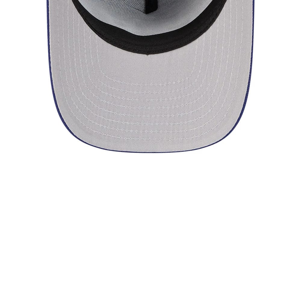 LA Dodgers MLB Cartoon Dark Blue New Era 59FIFTY A-Frame Fitted Cap, inside view showing grey undervisor with black taping along the seams and a black sweatband lining the interior of the structured dark blue crown.