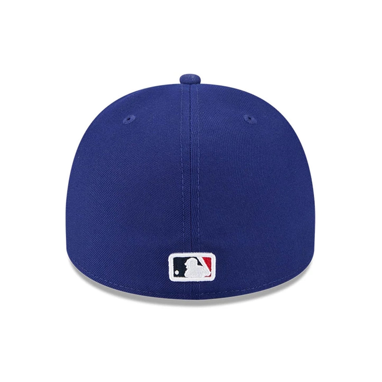 LA Dodgers MLB Cartoon Dark Blue New Era 59FIFTY A-Frame Fitted Cap, rear view showing the white embroidered MLB Batterman logo centred on the back panels, highlighting the structured dark blue crown and top button.