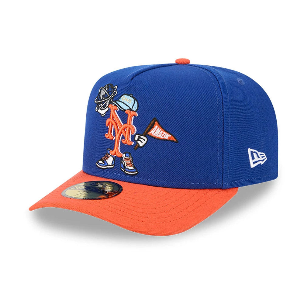 New York Mets MLB Cartoon Blue New Era 59FIFTY A-Frame Fitted Cap, three-quarter view with a raised embroidered cartoon logo on the front panel, orange visor featuring a gold 59FIFTY size sticker, and New Era flag logo on the left side.