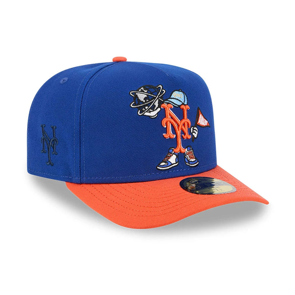 New York Mets MLB Cartoon Blue New Era 59FIFTY A-Frame Fitted Cap, three-quarter view showing a cartoon character on the front panel with a contrasting orange visor and gold 59FIFTY size sticker, featuring the New Era flag logo on the left side.