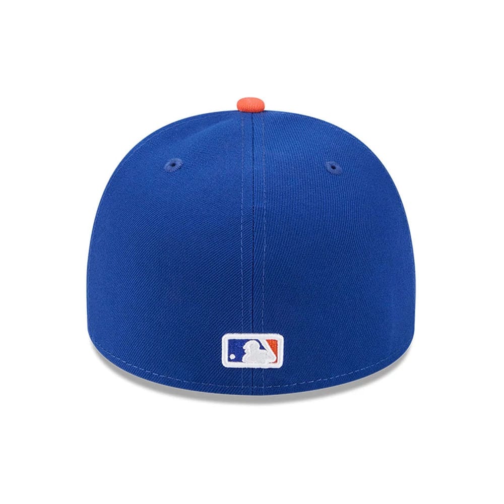 New York Mets MLB Cartoon Blue New Era 59FIFTY A-Frame Fitted Cap, rear view showing the white embroidered MLB Batterman logo centred on the back panels of the blue crown, with an orange top button.
