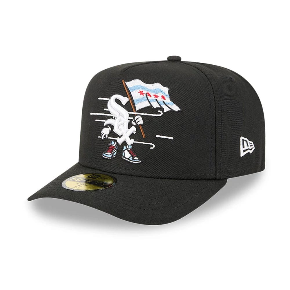 Chicago White Sox MLB Cartoon Black New Era 59FIFTY A-Frame Fitted Cap, three-quarter view showing the raised embroidered cartoon logo on the front panel, white New Era flag logo on left side, and gold 59FIFTY size sticker on the visor.