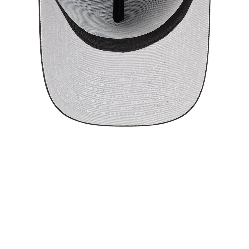 Chicago White Sox MLB Cartoon Black New Era 59FIFTY A-Frame Fitted Cap, inside view showing the grey undervisor with black binding, the interior taping along the seams, and the sweatband around the base of the structured crown.