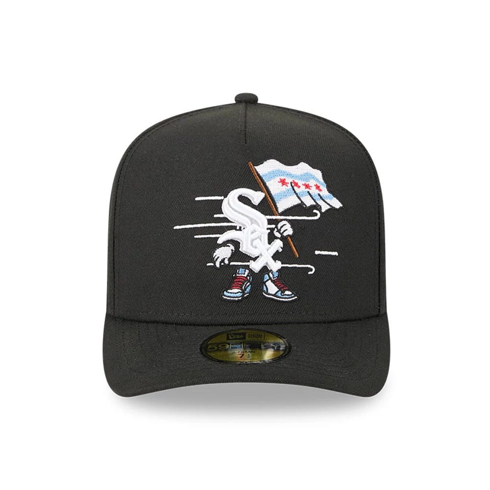 Chicago White Sox MLB Cartoon Black New Era 59FIFTY A-Frame Fitted Cap, front view showing a white embroidered cartoon holding a Chicago flag on the structured black crown with a gold 59FIFTY size sticker on the visor.