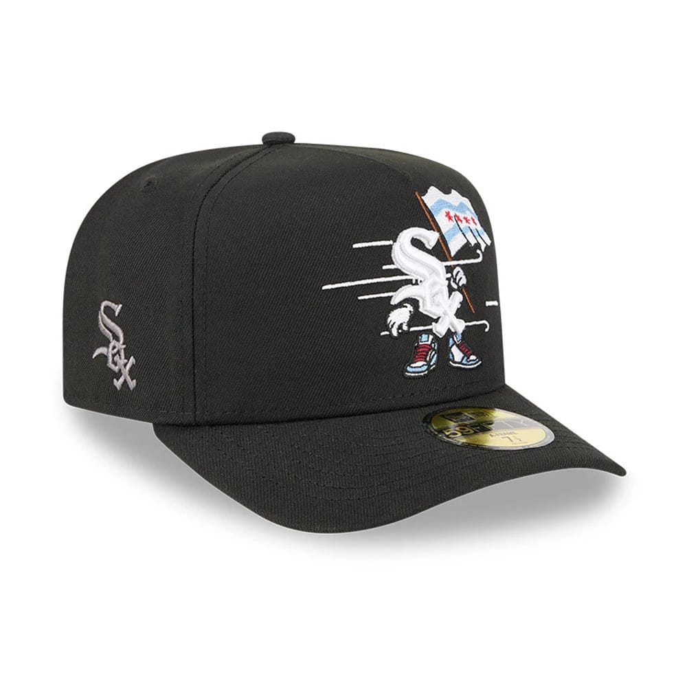 Chicago White Sox MLB Cartoon Black New Era 59FIFTY A-Frame Fitted Cap, three-quarter view with a cartoon Sox logo in white and red embroidery on the front panel, grey Sox logo on the left side, and gold 59FIFTY size sticker on the visor.