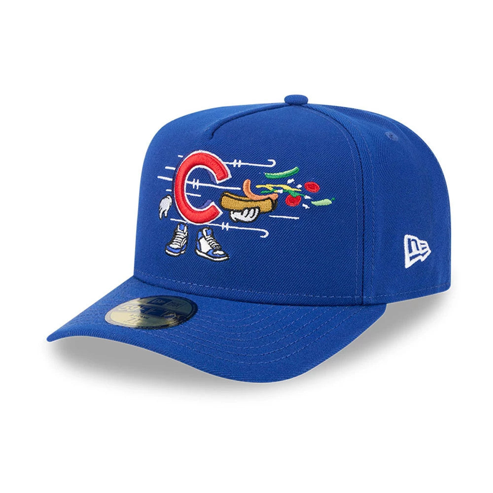 Chicago Cubs MLB Cartoon Blue New Era 59FIFTY A-Frame Fitted Cap, front view showing colourful embroidered graphic of a hot dog character on the front panel, with a blue structured crown and gold 59FIFTY size sticker on the visor.
