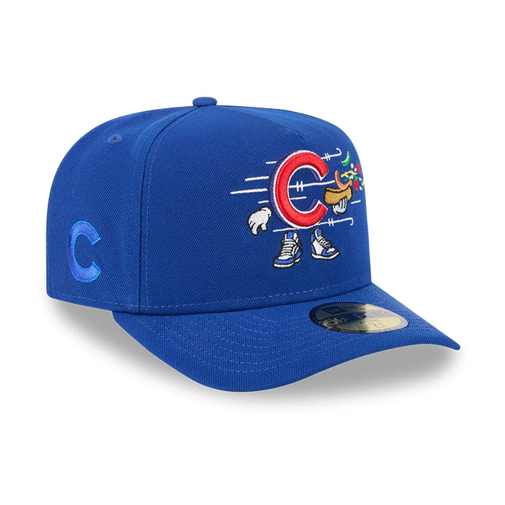 Chicago Cubs MLB Cartoon Blue New Era 59FIFTY A-Frame Fitted Cap, three-quarter view showing the colourful cartoon logo with a hot dog on the front panel, blue visor with gold 59FIFTY size sticker, and embroidered C on the left side.