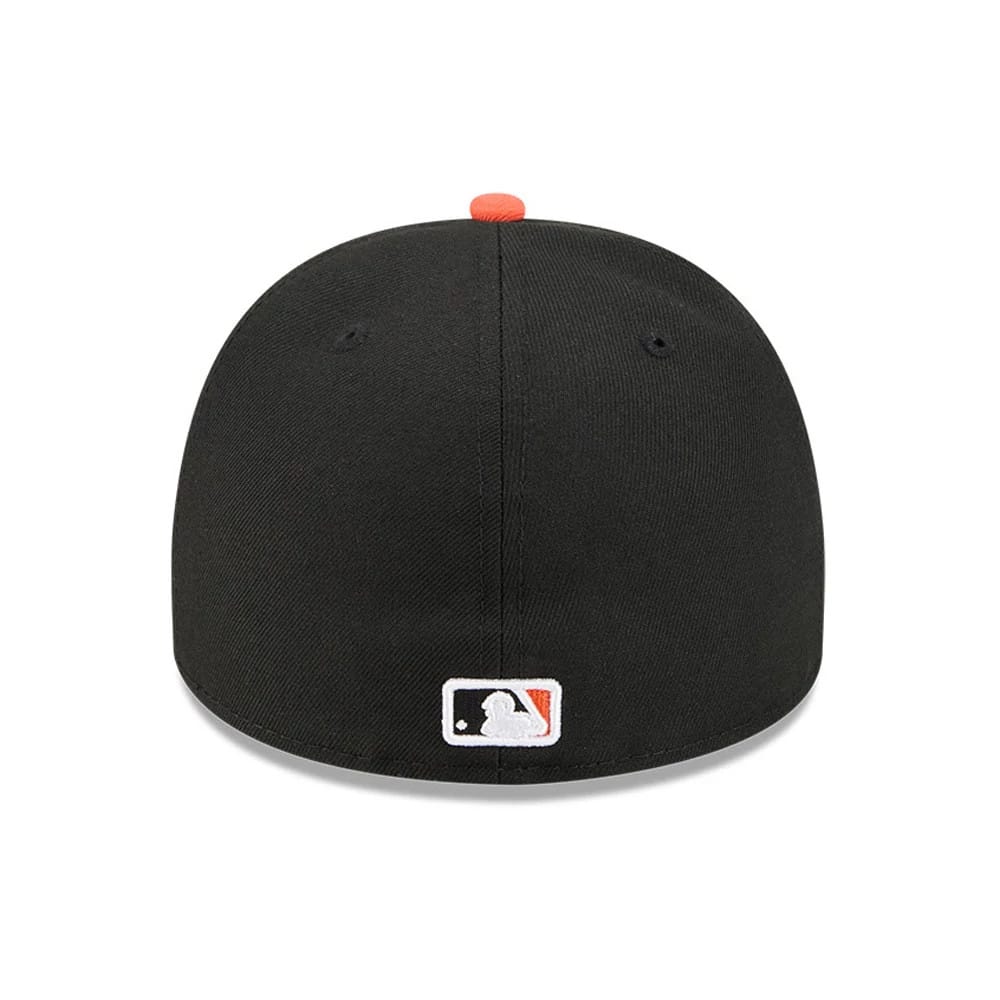 San Francisco Giants MLB Cartoon Black New Era 59FIFTY A-Frame Fitted Cap, rear view showing the white embroidered MLB Batterman logo at the centre of the back panels, with an orange top button on the black structured crown.