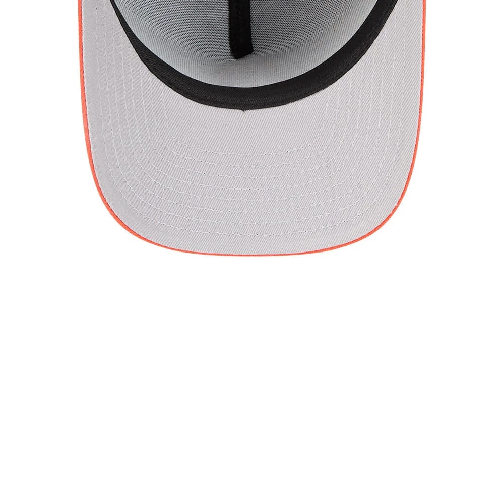 San Francisco Giants MLB Cartoon Black New Era 59FIFTY A-Frame Fitted Cap, inside view showing the black sweatband and taping and a grey undervisor with orange stitching along the visor edge.