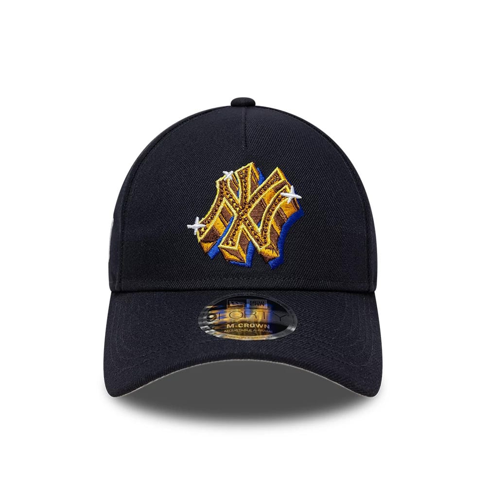 Pictured is this MLB Emblem New York Yankees 9FORTY M-Crown A-Frame cap in navy. 3