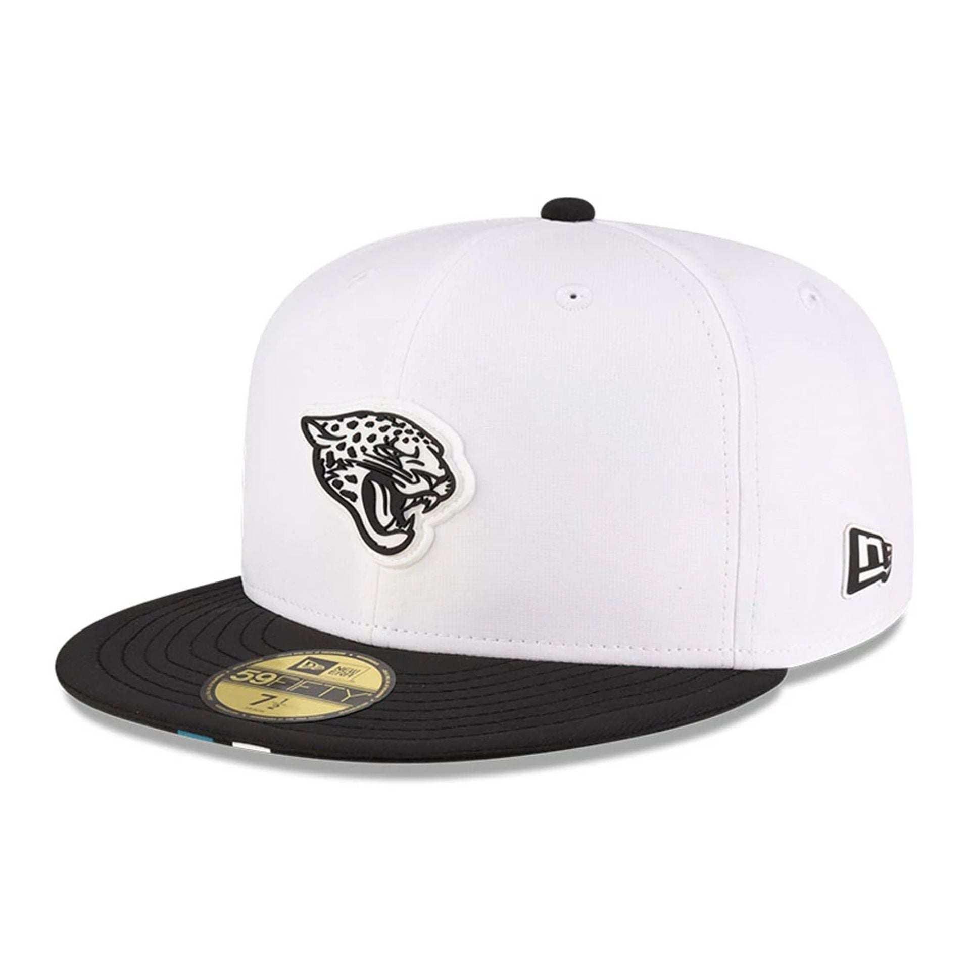 This is a Jacksonville Jaguars NFL Training 2025 White 59FIFTY Fitted Cap 1