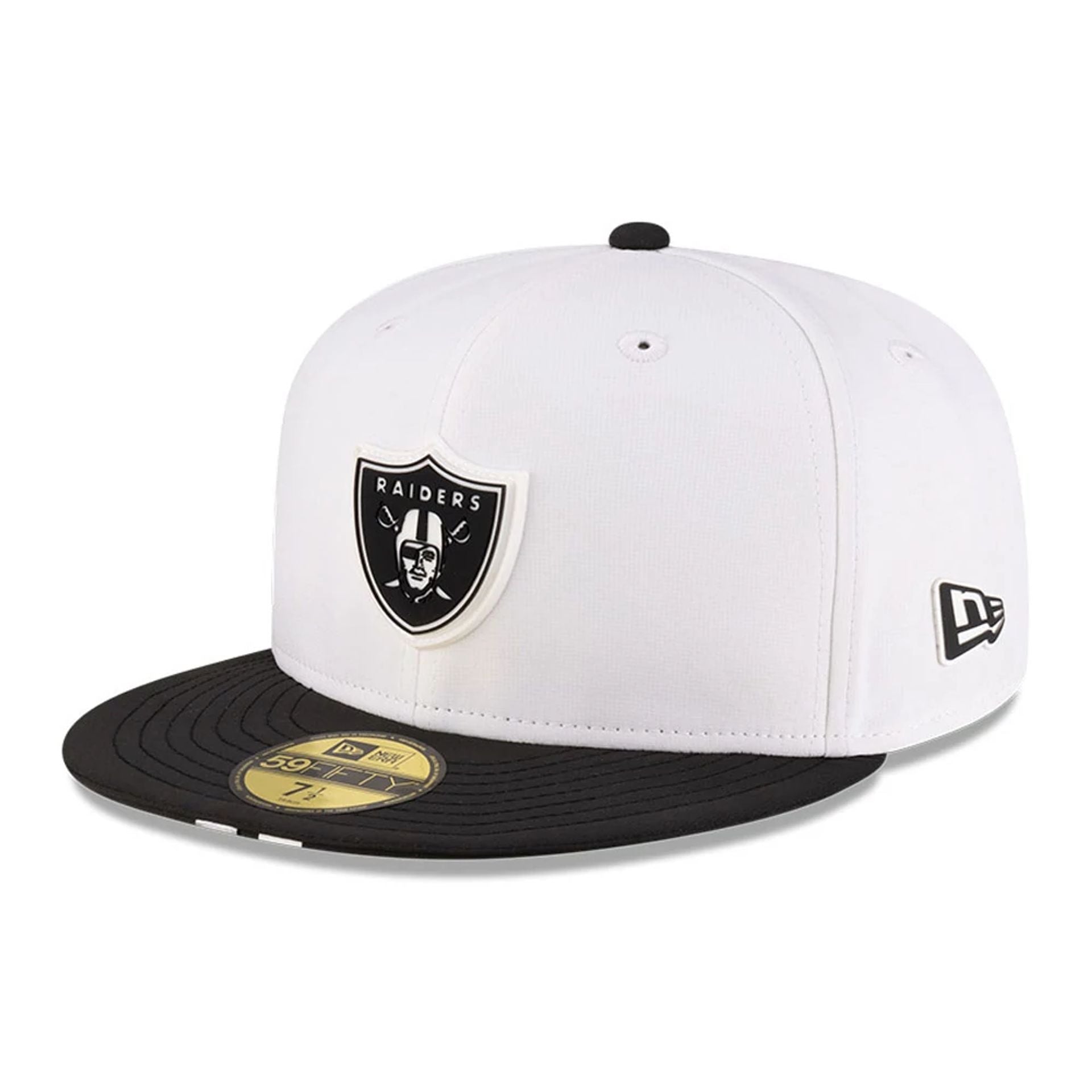 This is a Las Vegas Raiders NFL Training 2025 White 59FIFTY Fitted Cap 1