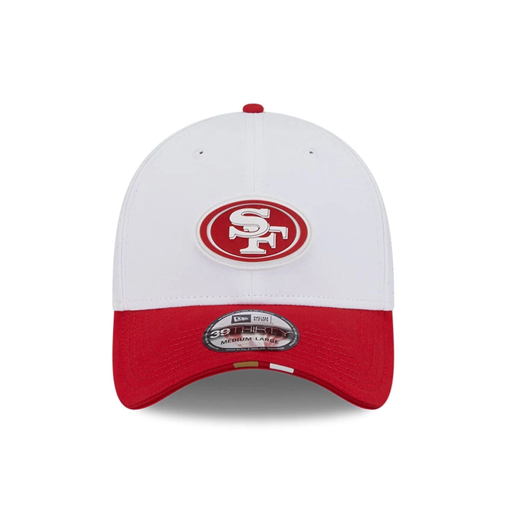 This is a San Francisco 49ers NFL Training 2025 White 39THIRTY Stretch Fit Cap 2