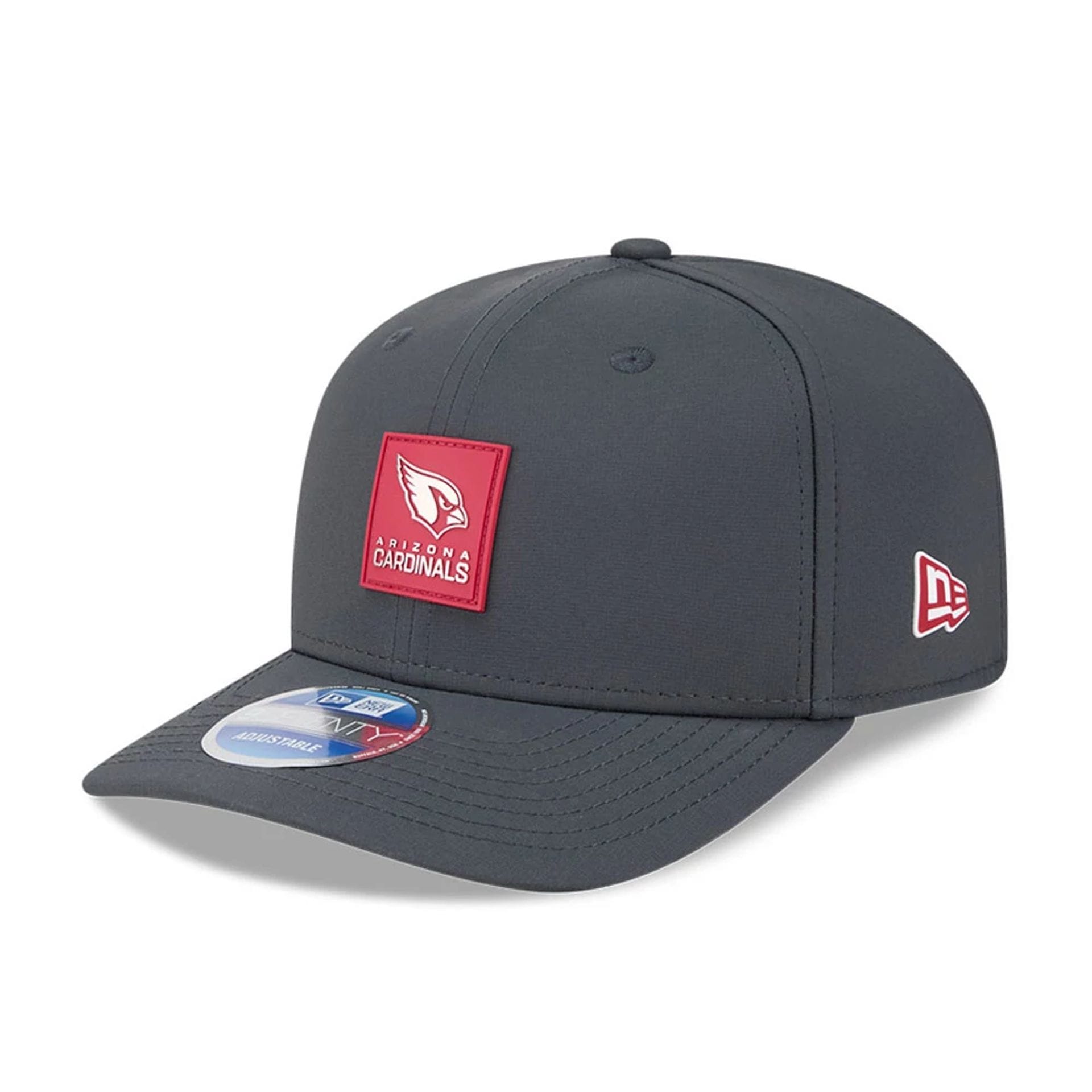 This is a Arizona Cardinals NFL Sideline 2025 Charcoal 9SEVENTY Stretch Snap Adjustable Cap 1