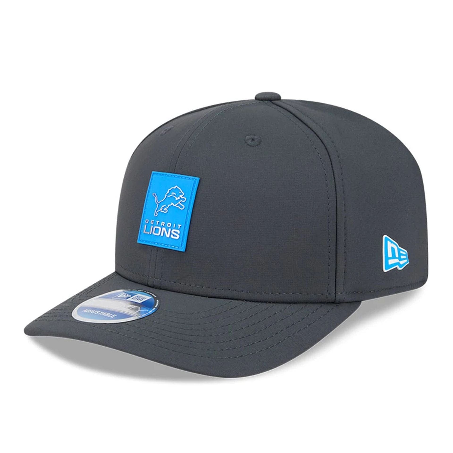 This is a Detroit Lions NFL Sideline 2025 Charcoal 9SEVENTY Stretch Snap Adjustable Cap 1