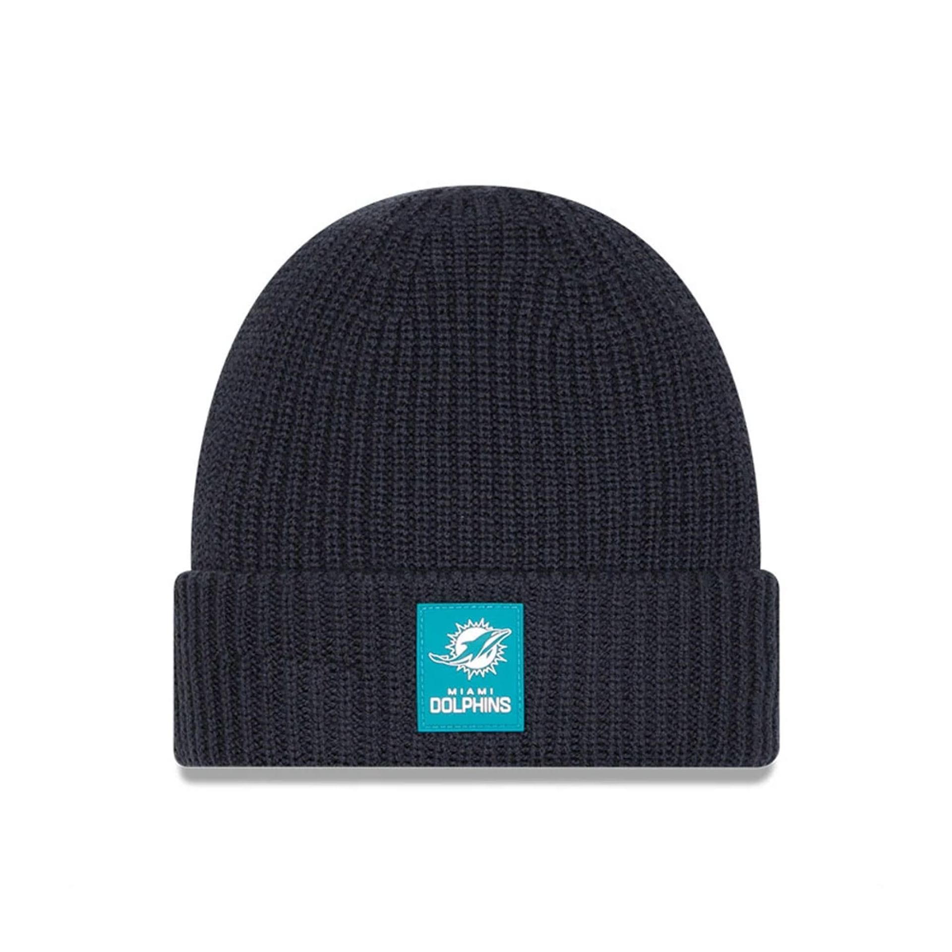 This is a Miami Dolphins NFL Sideline 2025 Charcoal Cuff Knit Beanie Hat 1