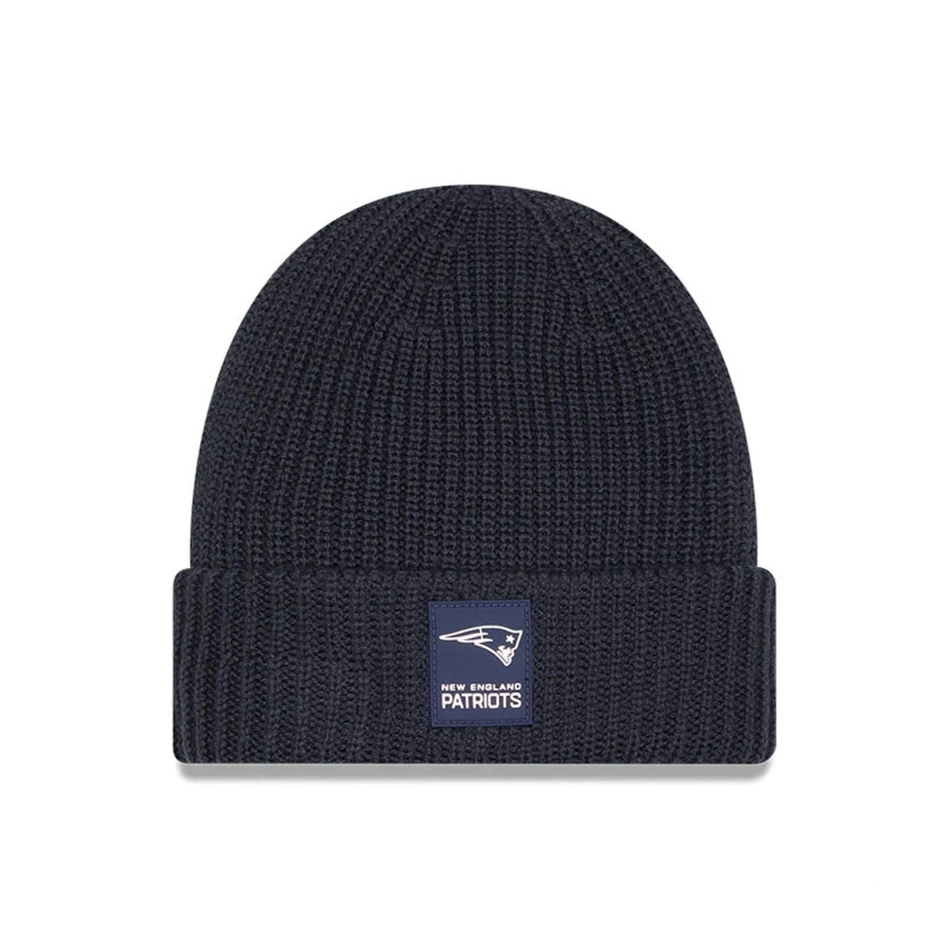 This is a New England Patriots NFL Sideline 2025 Charcoal Cuff Knit Beanie Hat 1