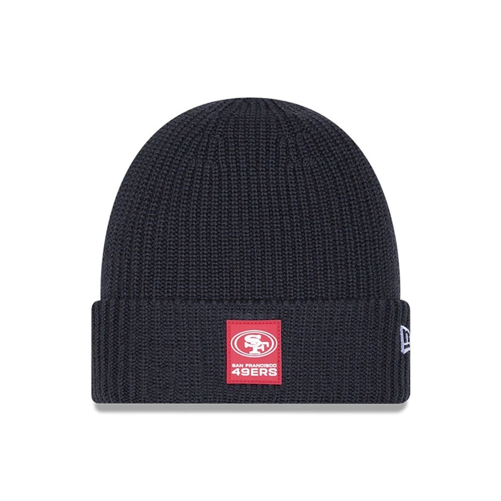 This is a San Francisco 49ers NFL Sideline 2025 Charcoal Cuff Knit Beanie Hat 1