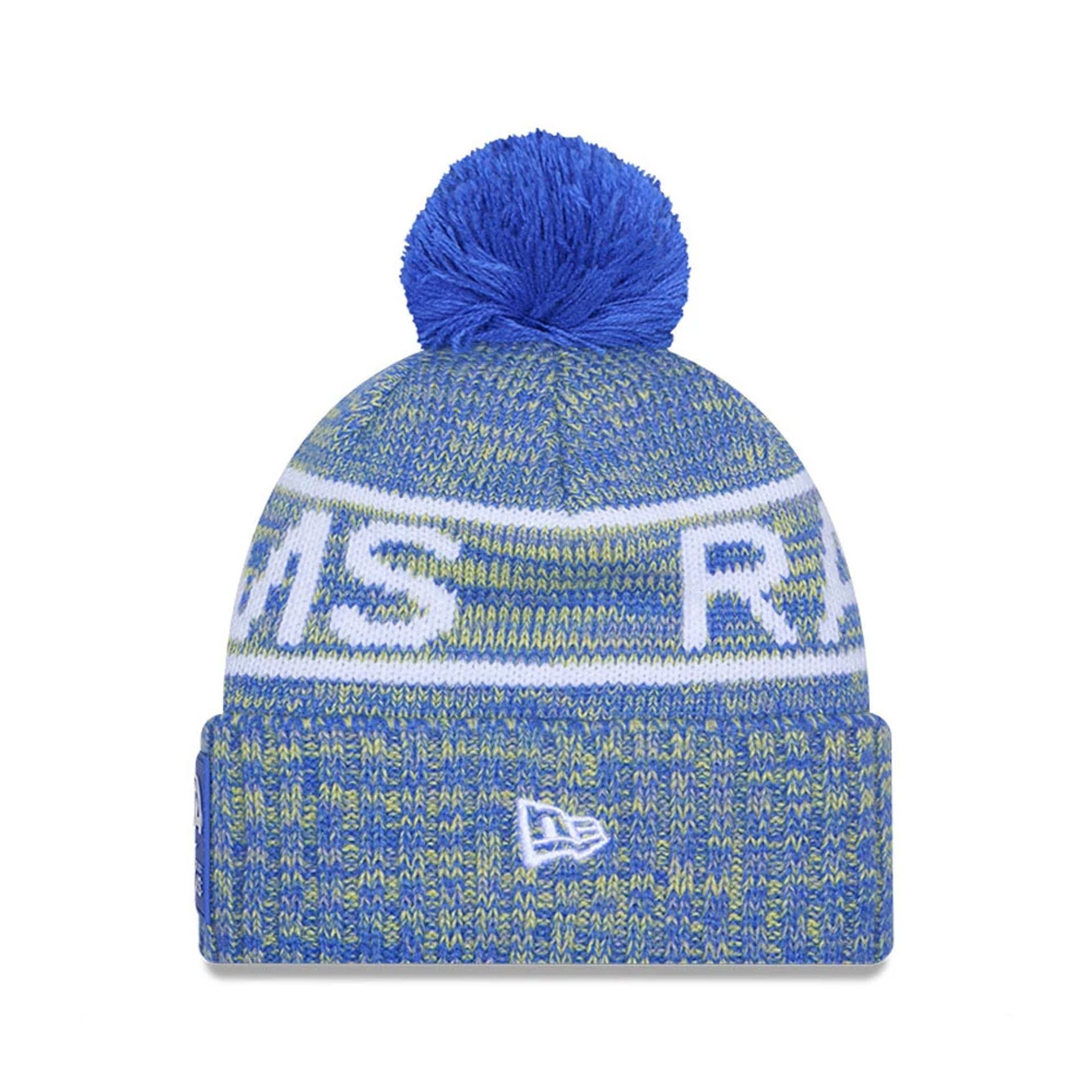 This is a LA Rams NFL Sideline 2025 Bright Blue Sport Knit Beanie Hat 2