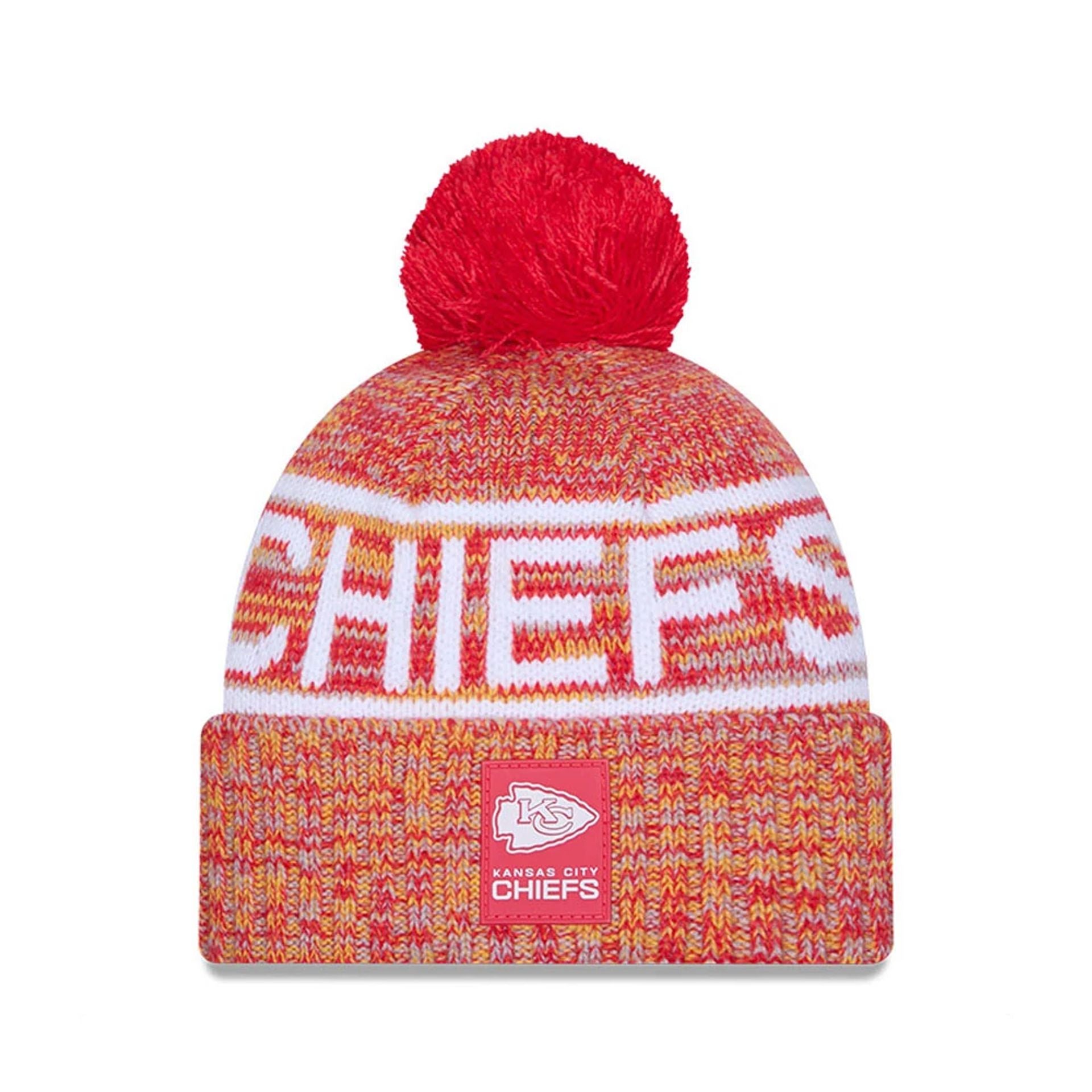This is a Kansas City Chiefs NFL Sideline 2025 Red Sport Knit Beanie Hat 1