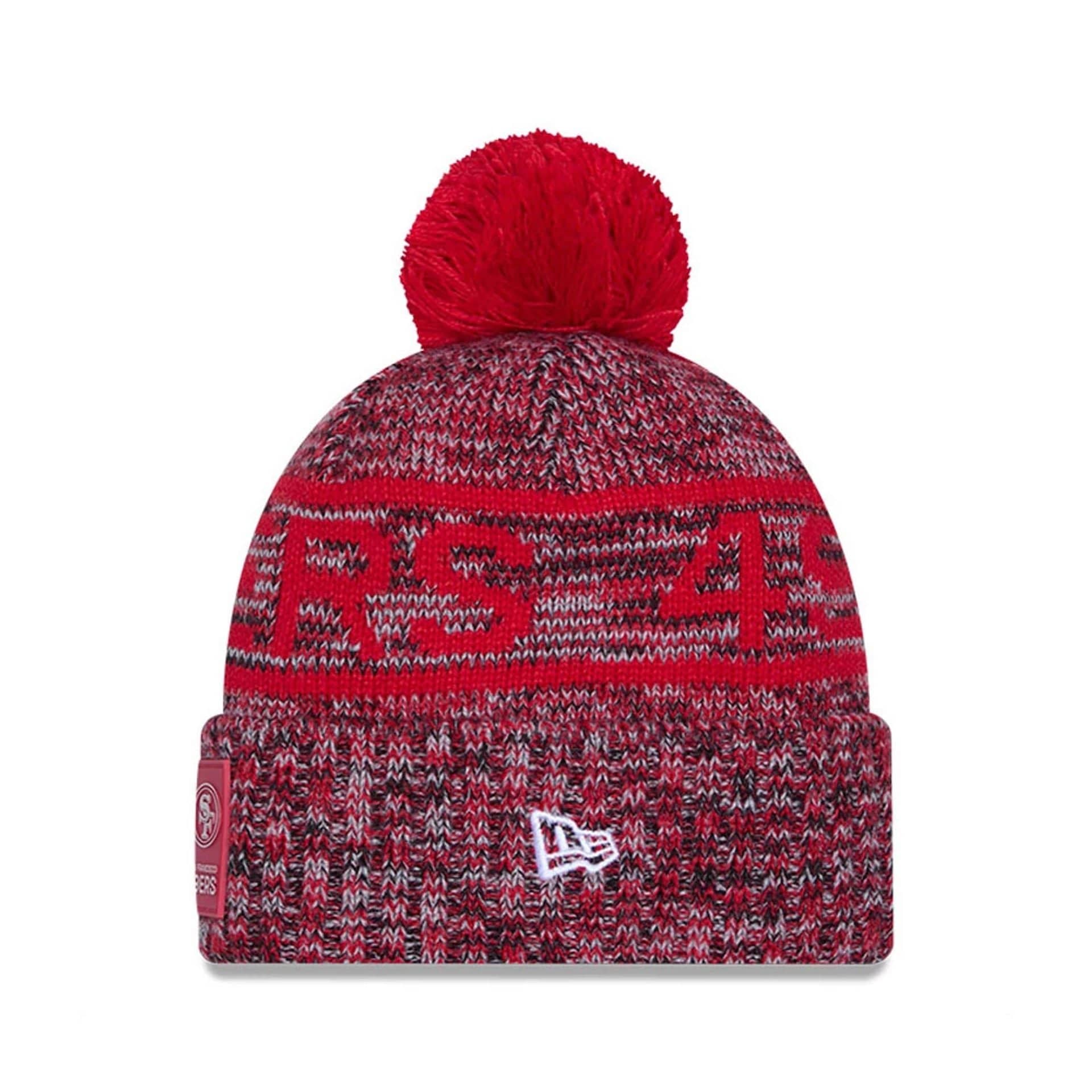 This is a San Francisco 49ers NFL Sideline 2025 Red Sport Knit Beanie Hat 2